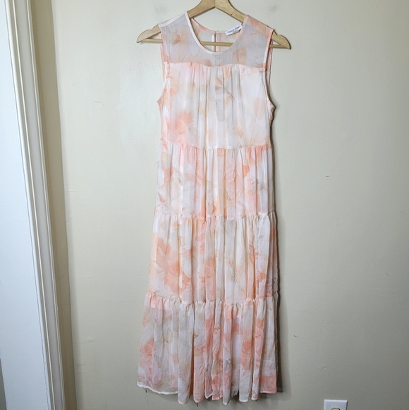 Calvin Klein Peach Floral Chiffon Midi Dress Soft Girl Tie Waist Tiered Size 2 - Picture 4 of 12